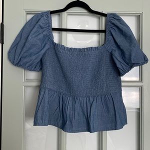 J. Crew Squareneck Smocked Chambray Top